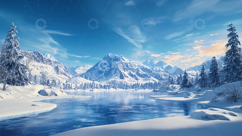 高清大图下载【趣麦麦图】冬日雪山湖畔风景