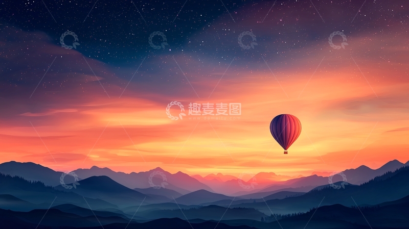 高清大图下载【趣麦麦图】热气球夜空下的山景