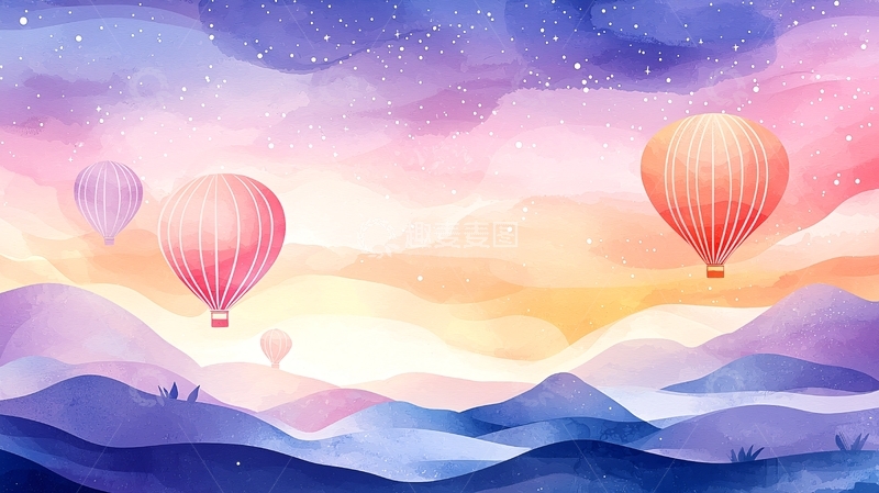 高清大图下载【趣麦麦图】梦幻热气球与山丘风景