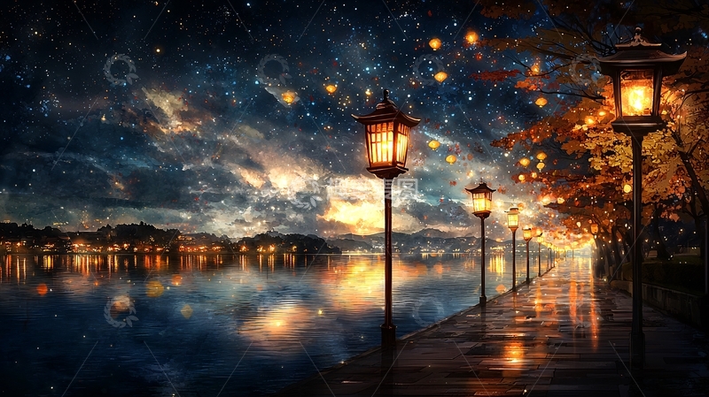 高清大图下载【趣麦麦图】秋夜湖畔灯笼光影