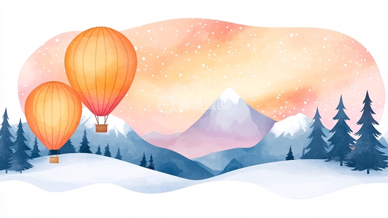 高清大图下载【趣麦麦图】冬日热气球雪景插画