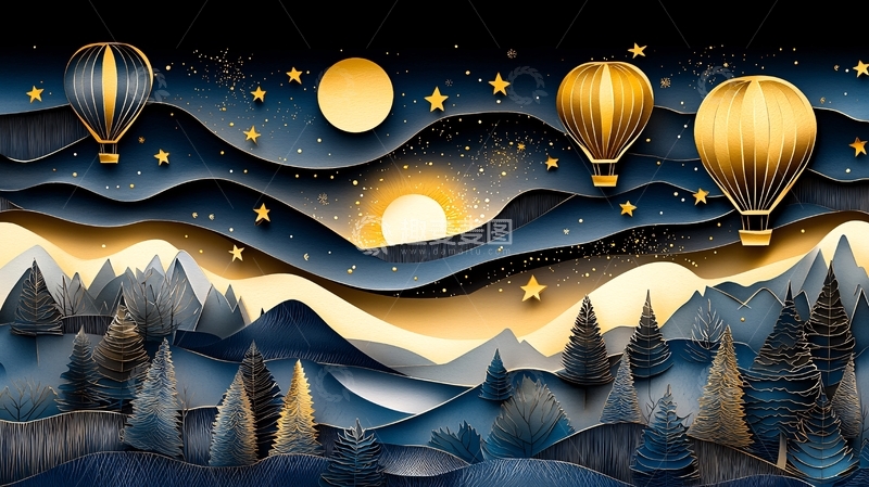 高清大图下载【趣麦麦图】夜空下的热气球与星河