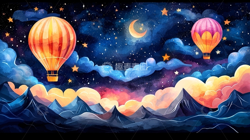 高清大图下载【趣麦麦图】夜空中的热气球与星星