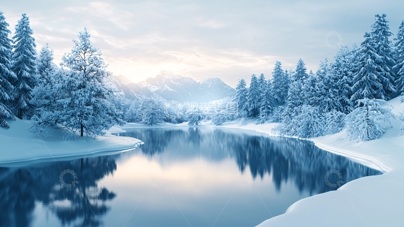 高清大图下载【趣麦麦图】冬日雪景湖畔宁静自然风光