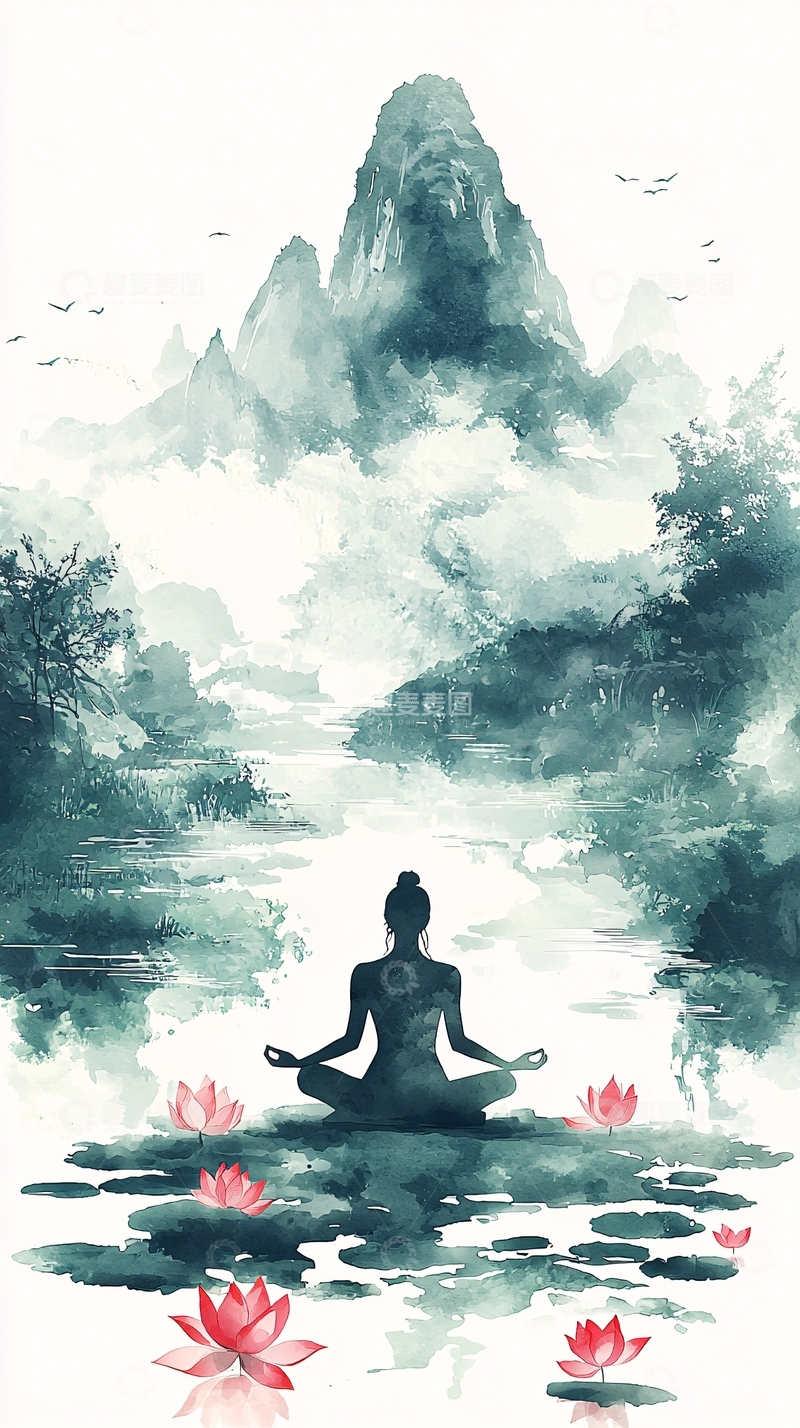 高清大图下载【趣麦麦图】静谧山水莲花冥想