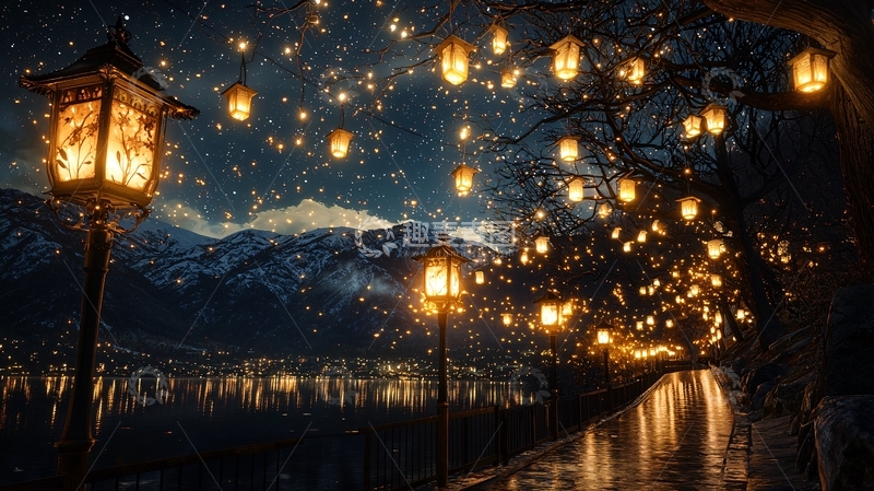 高清大图下载【趣麦麦图】夜晚湖边灯饰璀璨风景