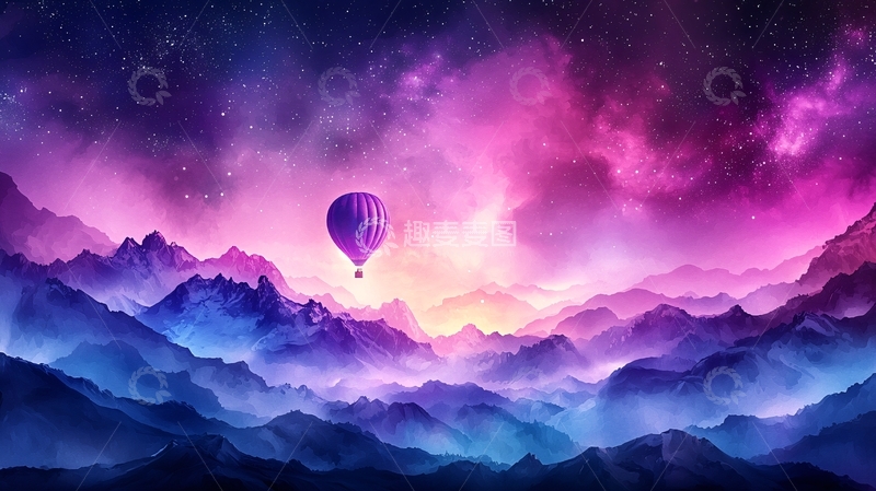 高清大图下载【趣麦麦图】梦幻山间热气球夜景