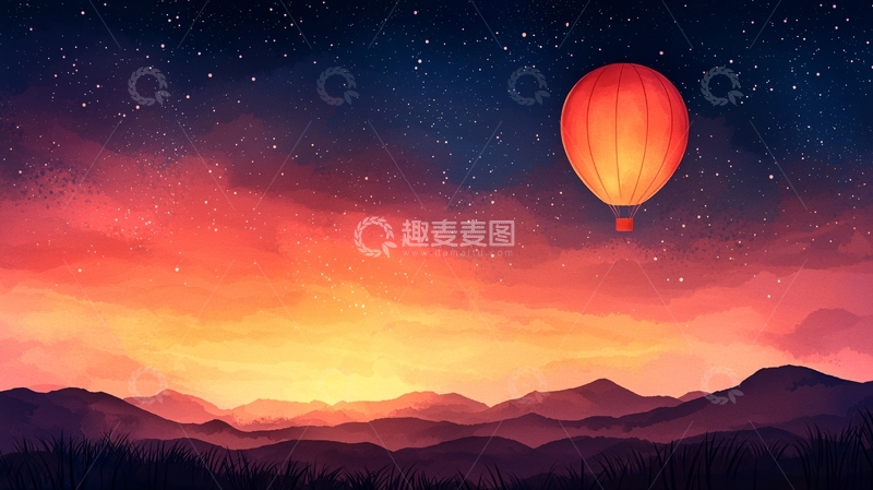 高清大图下载【趣麦麦图】热气球夜空下的山景