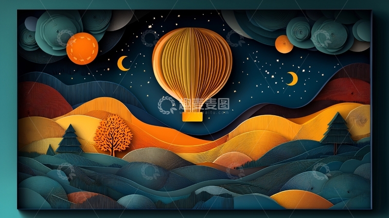高清大图下载【趣麦麦图】热气球夜空下的山丘风景