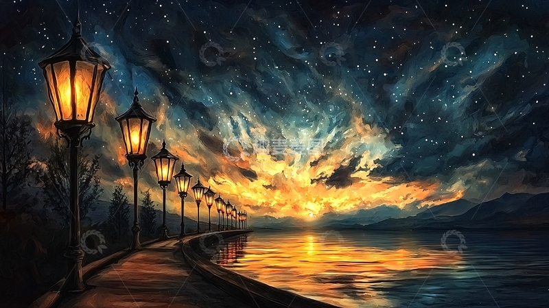高清大图下载【趣麦麦图】夜景路灯与湖面倒影