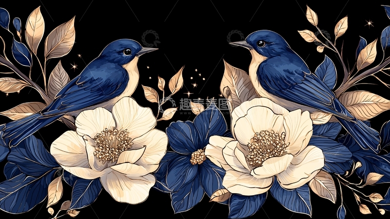 高清大图下载【趣麦麦图】蓝色鸟与花朵的艺术插画