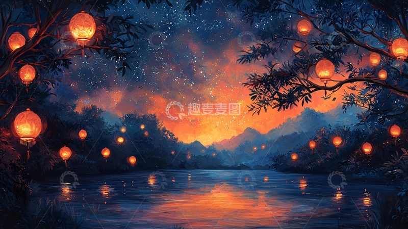 高清大图下载【趣麦麦图】夜色河畔灯笼挂满树