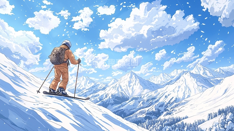 高清大图下载【趣麦麦图】雪山滑雪风景插画