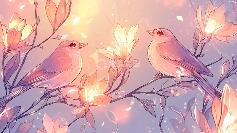 高清大图下载【趣麦麦图】粉红鸟与盛开花朵的梦幻场景