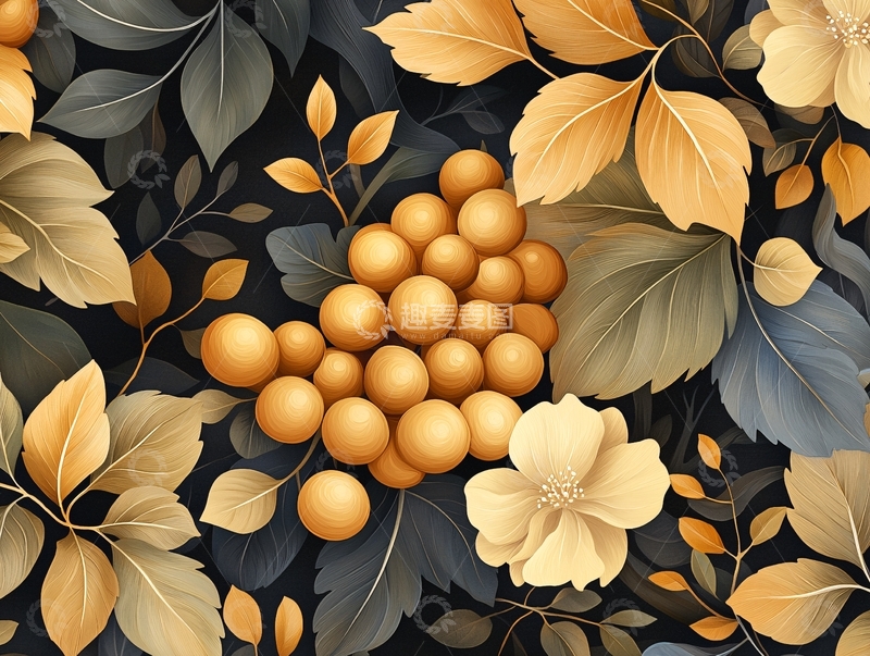 高清大图下载【趣麦麦图】秋日果实与金色叶子背景