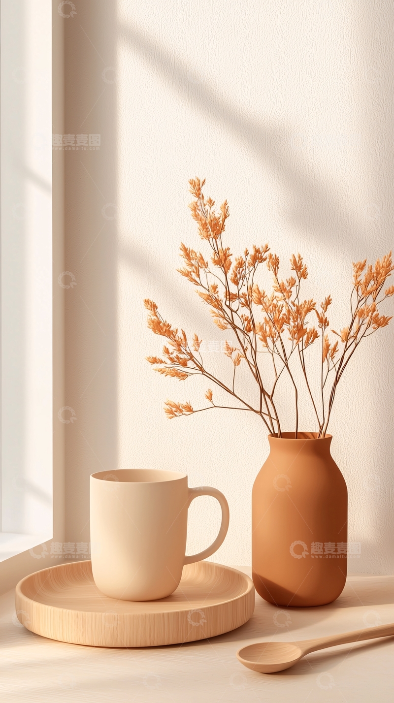 高清大图下载【趣麦麦图】温暖阳光下的简约茶具与干花装饰