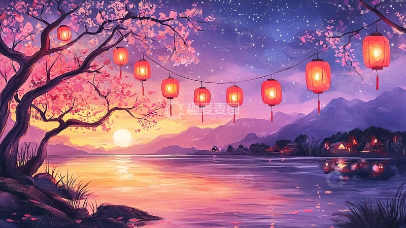 高清大图下载【趣麦麦图】樱花树下的灯笼夜景