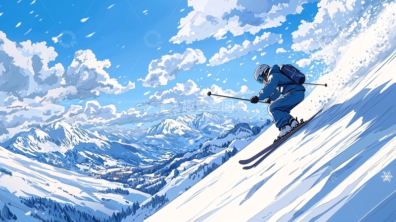 高清大图下载【趣麦麦图】冬季滑雪山景插画