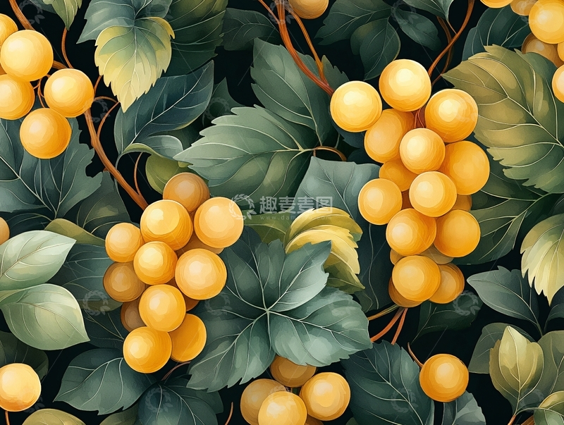 高清大图下载【趣麦麦图】葡萄与绿叶背景插画