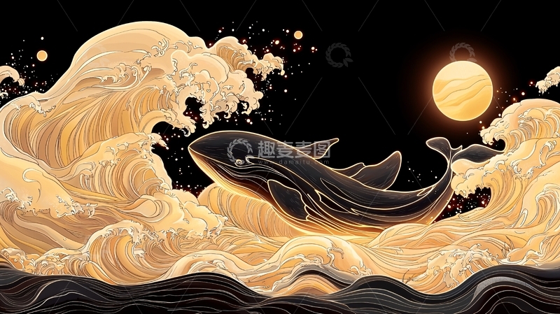 高清大图下载【趣麦麦图】夜海鲸跃波涛图