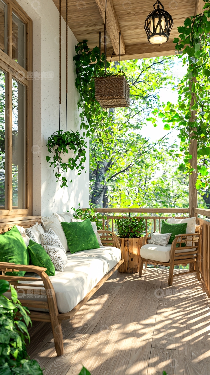 高清大图下载【趣麦麦图】绿色植物装饰的阳台休闲区