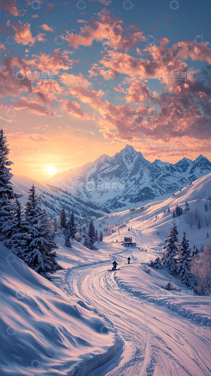 高清大图下载【趣麦麦图】冬日滑雪胜地日落美景