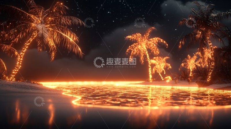 高清大图下载【趣麦麦图】夜晚海滩椰树灯光倒影