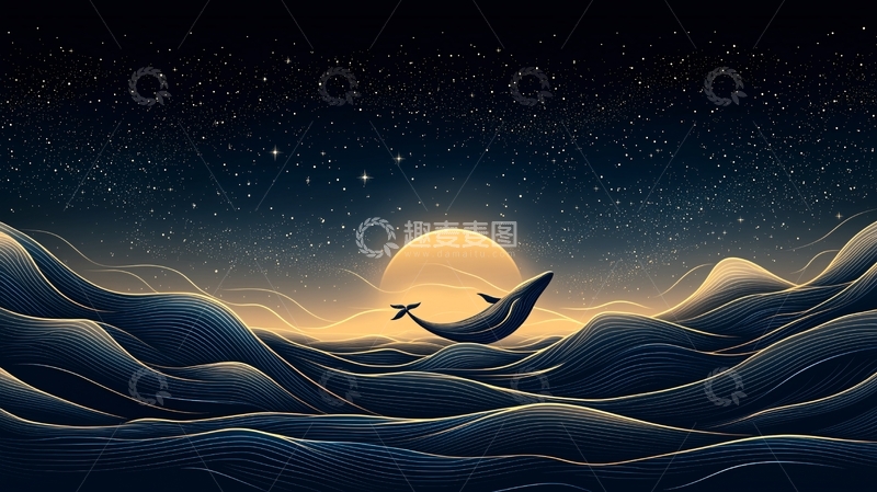 高清大图下载【趣麦麦图】夜海鲸跃星辰图