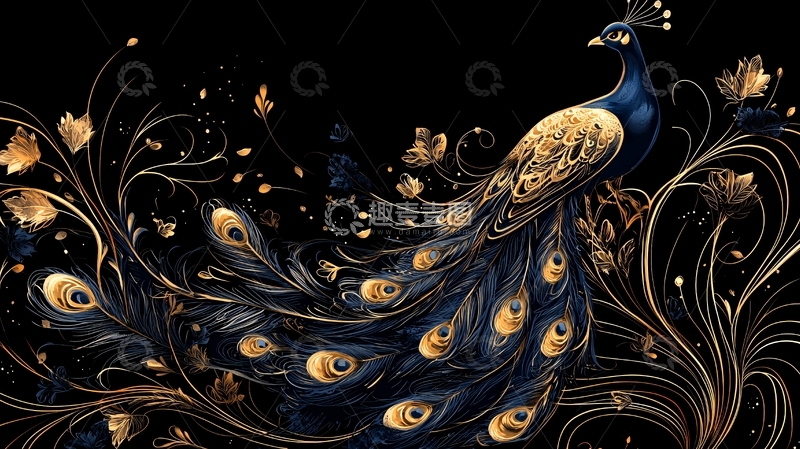 高清大图下载【趣麦麦图】金色孔雀与花卉装饰背景
