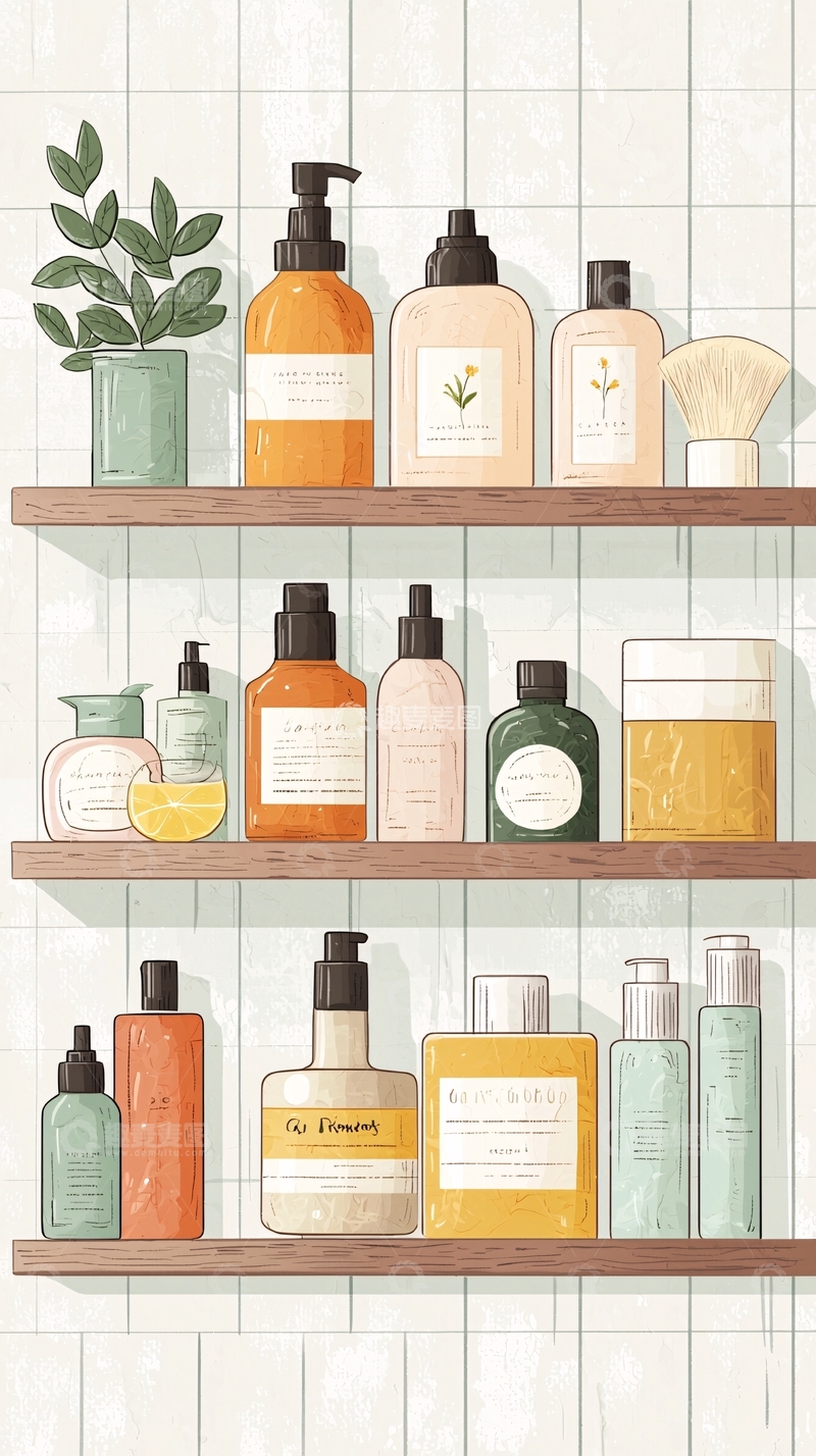 高清大图下载【趣麦麦图】浴室收纳架上的洗护用品