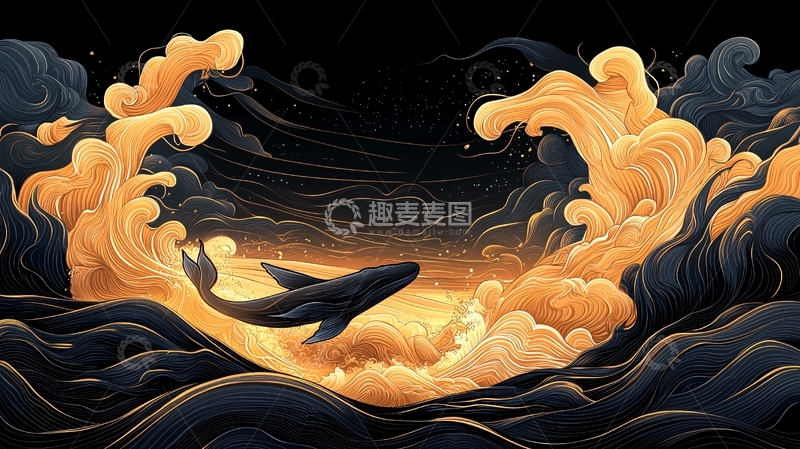 高清大图下载【趣麦麦图】鲸鱼跃出海面的艺术插画