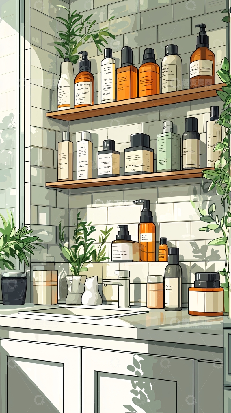 高清大图下载【趣麦麦图】浴室收纳柜植物装饰