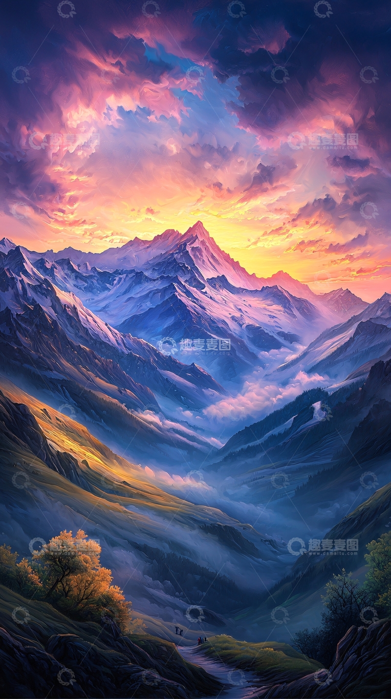高清大图下载【趣麦麦图】夕阳下的雪山山谷风景