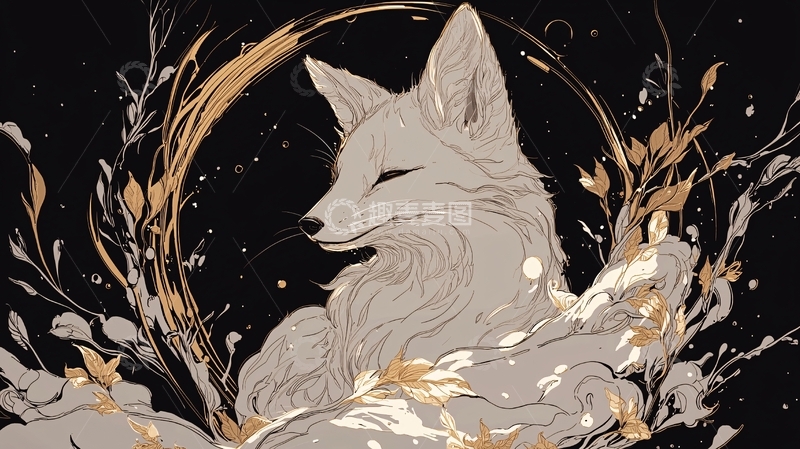 高清大图下载【趣麦麦图】夜色中的狐狸与植物插画