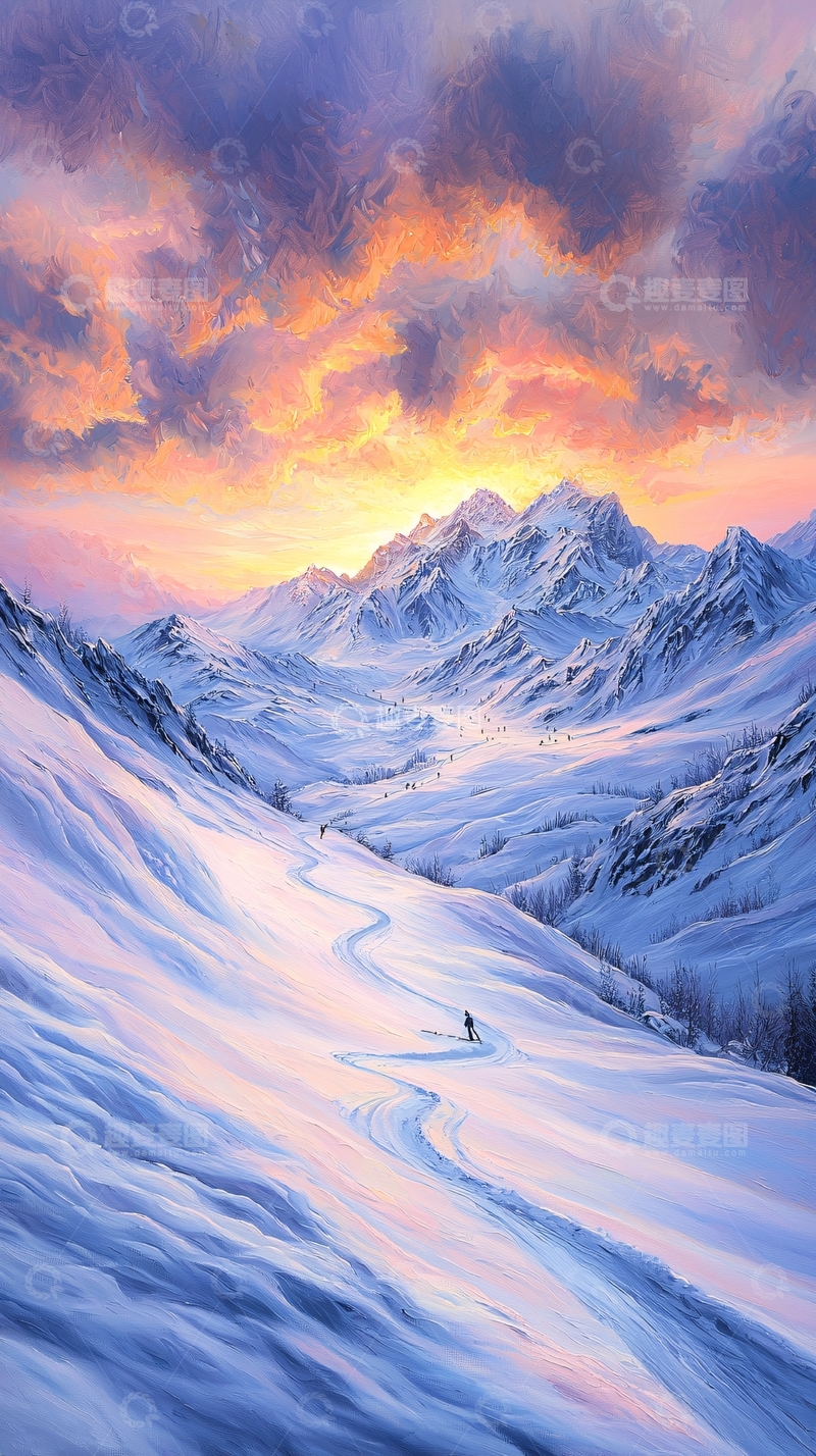 高清大图下载【趣麦麦图】冬日雪山滑雪风景