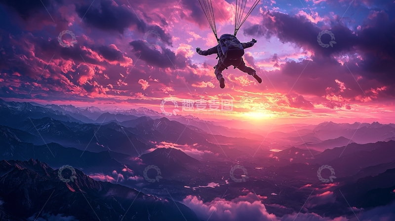 高清大图下载【趣麦麦图】日落山间滑翔伞飞行