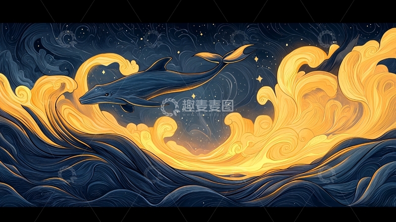 高清大图下载【趣麦麦图】夜空中的鲸鱼与波浪