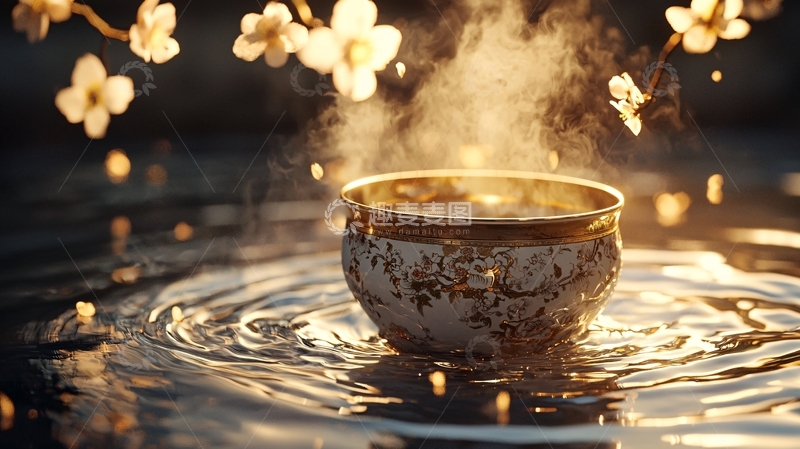 高清大图下载【趣麦麦图】温暖茶香与樱花飘落