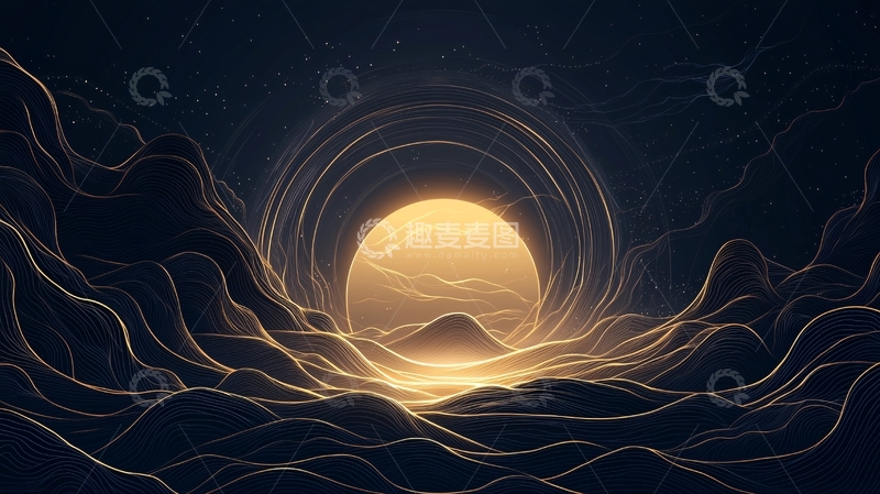 高清大图下载【趣麦麦图】金色线条夜空下的月亮