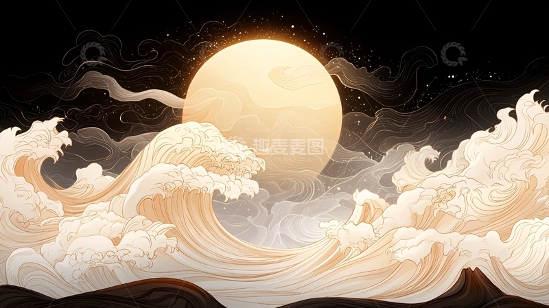 高清大图下载【趣麦麦图】月夜海浪波涛汹涌