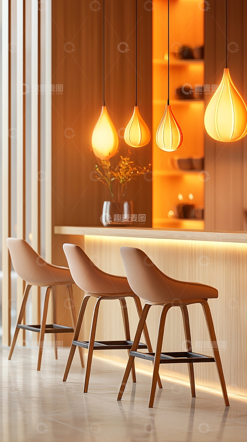 高清大图下载【趣麦麦图】现代简约吧台椅与吊灯组合