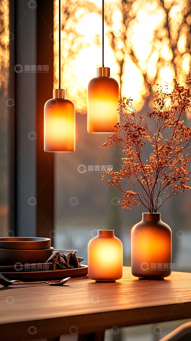 高清大图下载【趣麦麦图】秋日餐桌上的温暖灯光与干花