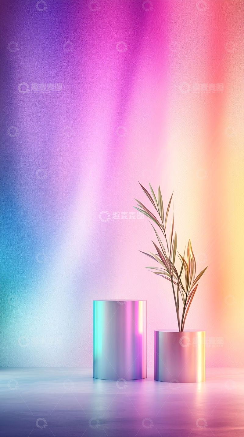高清大图下载【趣麦麦图】彩虹渐变背景下的植物展示