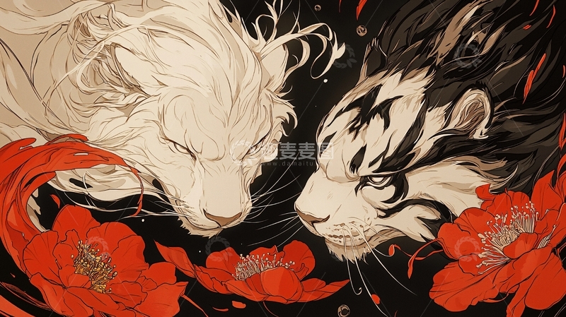 高清大图下载【趣麦麦图】白虎与黑虎对视图