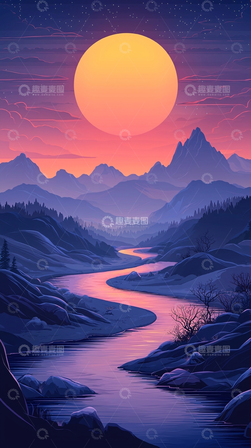 高清大图下载【趣麦麦图】夕阳下的雪山河流风景图