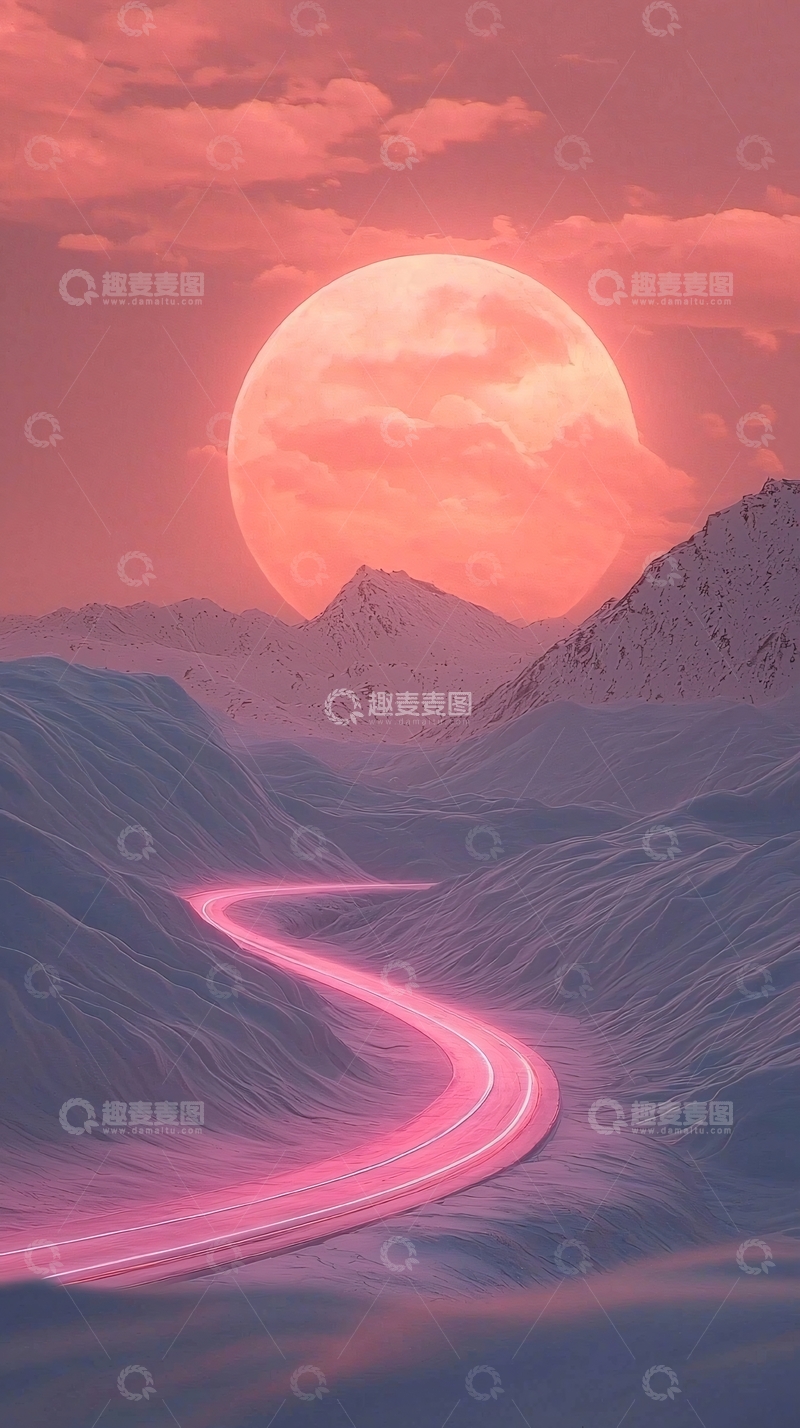 高清大图下载【趣麦麦图】粉红月光下的蜿蜒山路