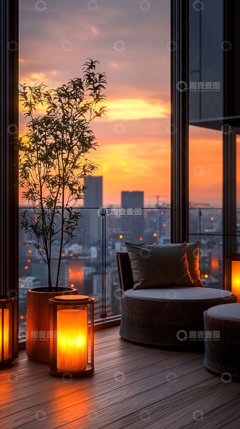 高清大图下载【趣麦麦图】城市日落阳台休闲场景