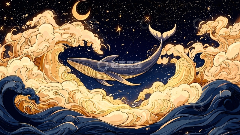 高清大图下载【趣麦麦图】夜空下的鲸鱼与波浪