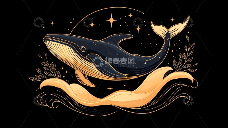 高清大图下载【趣麦麦图】夜空下的鲸鱼插画