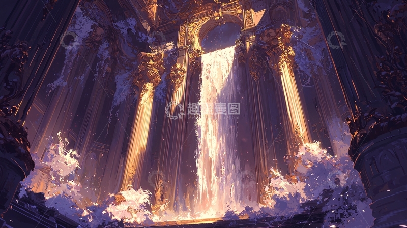 高清大图下载【趣麦麦图】破败宫殿中的神秘瀑布